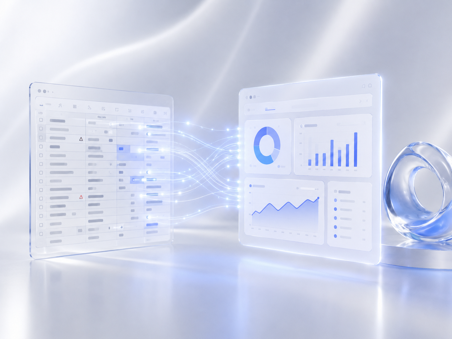Raw spreadsheet data on the left flowing through glowing data streams into a clean analytics dashboard on the right